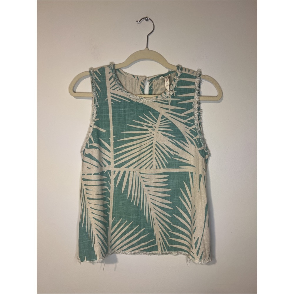 Mo:Vint New York Palm Leaf Print‎ Linen Ruffled Raw Edge, Sleeveless Top, Size S
